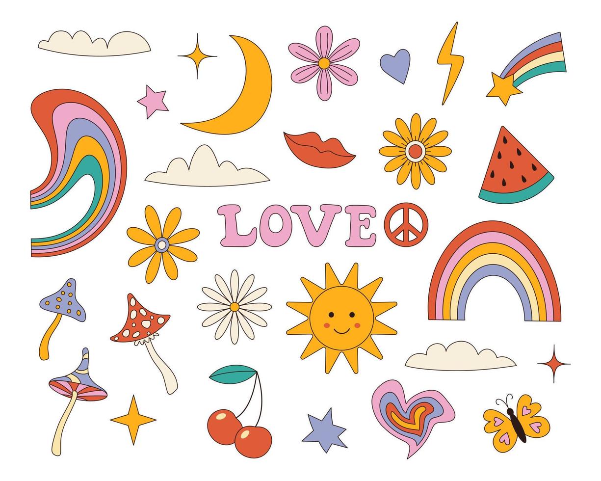 pegatinas retro hippies. clipart vintage psicodélico de dibujos animados. flor y seta. el estilo de los años 70. un símbolo de paz. arco iris y sandía. el sol, la luna y las estrellas. vector