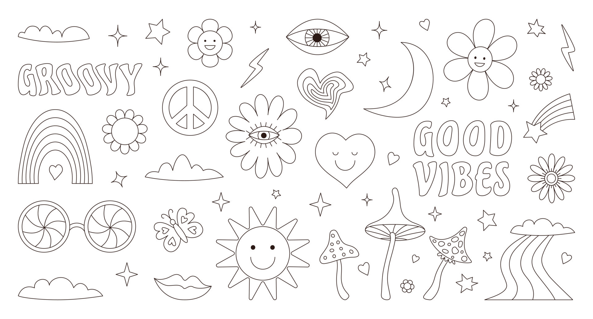 Groovy hippie 70s set. Black line, linear art. Funny cartoon flower,  rainbow, world, love, heart, daisy, mushroom, etc. A set of stickers in a  fashionable retro psychedelic cartoon style. 13431187 Vector Art