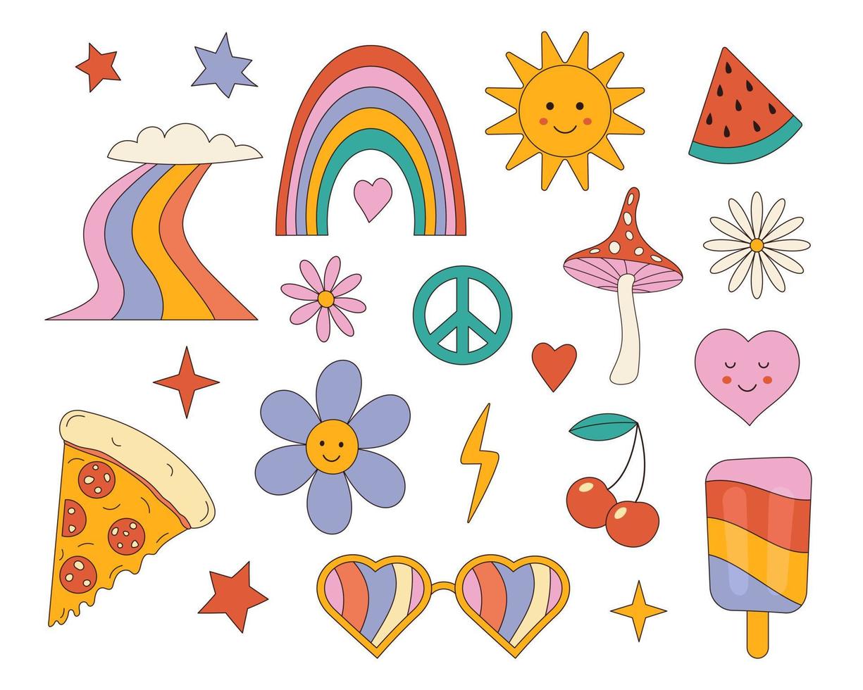 Hippie retro stickers. Cartoon psychedelic vintage clipart. Flower and mushroom. 70s style. Peace symbol. Rainbow and pizza piece. Sun and stars. Heart shaped sunglasses. Vector hippy elements set.
