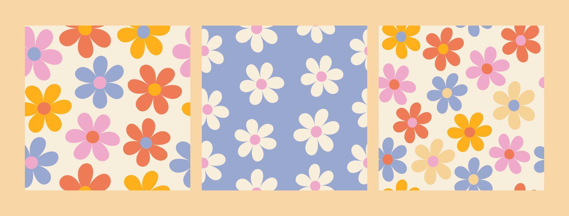 A set of floral patterns in the style of the 70s with clockwork daisy flowers. Retro floral vector design. Style of the 60s, 70s, 80s