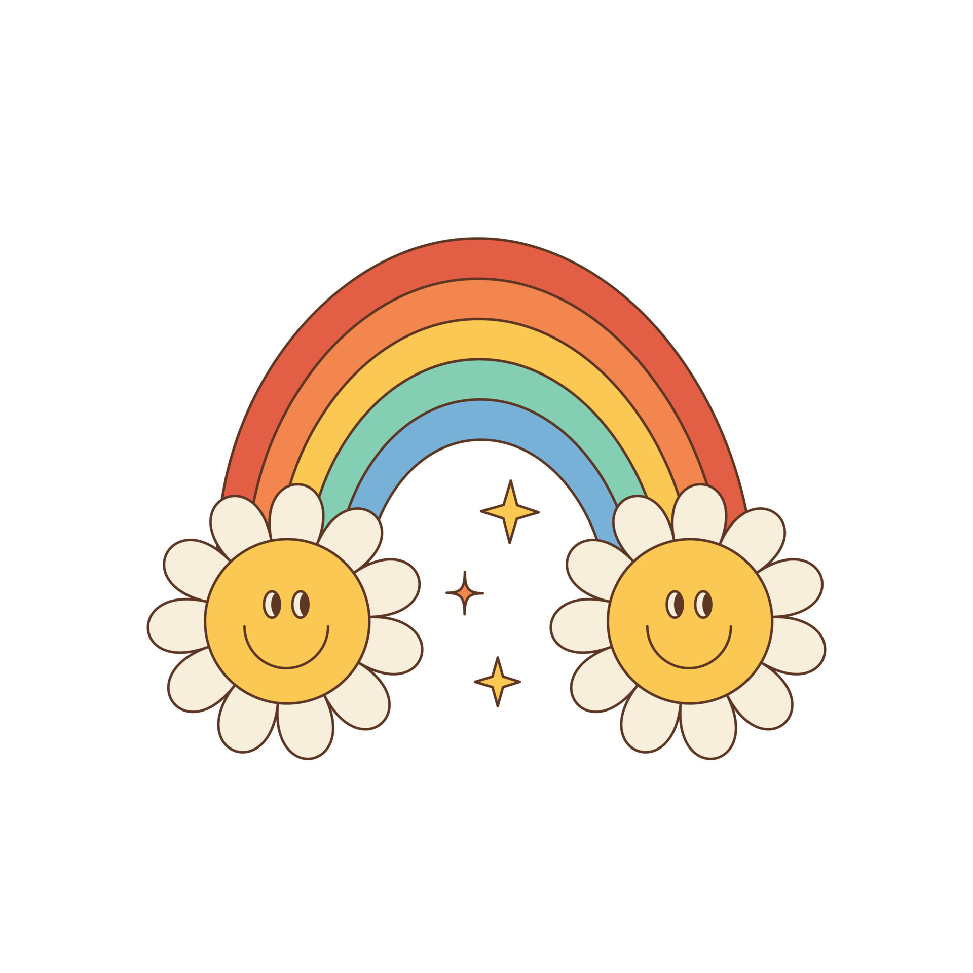 Groovy rainbow with smiling daisies. Isolated on a white background