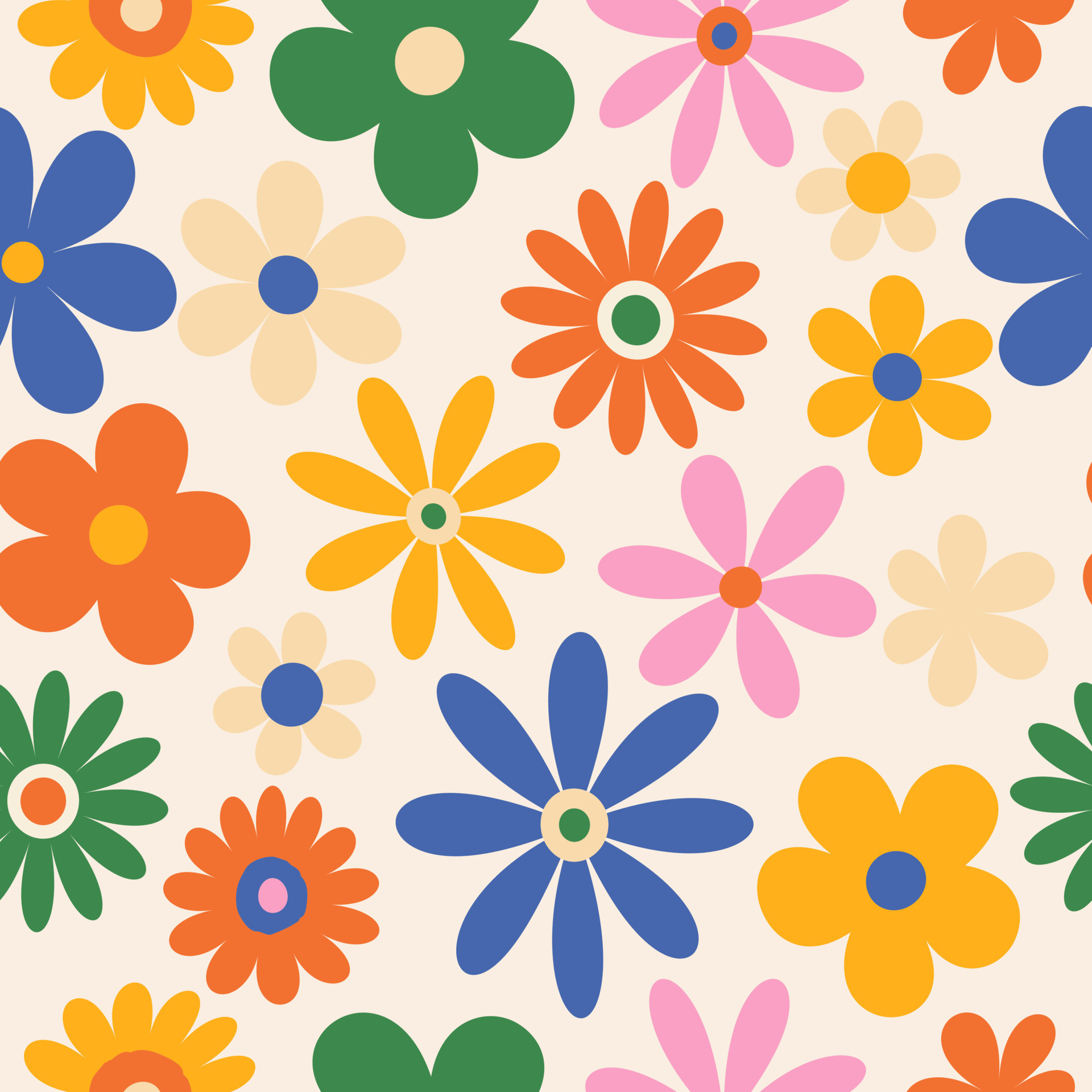 Trendy floral pattern in the style of the 70s with groovy daisy flowers ...