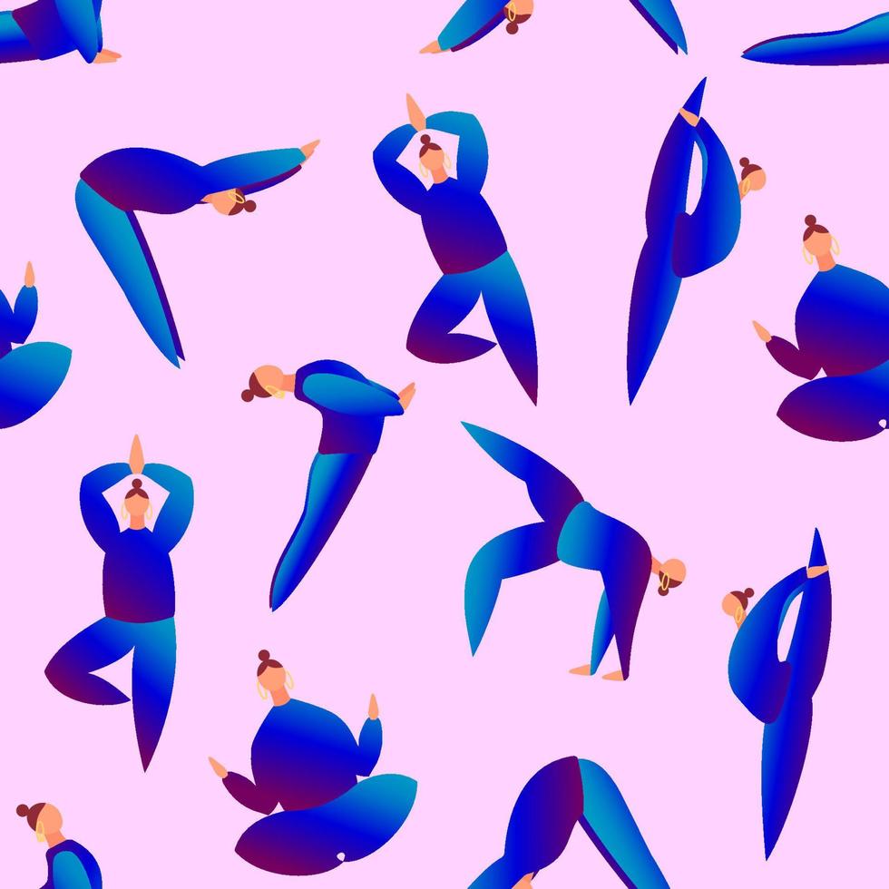 Seamless pattern with women in blue clothes do yoga. Concept of balance, healthy lifestyle, sports, harmony vector