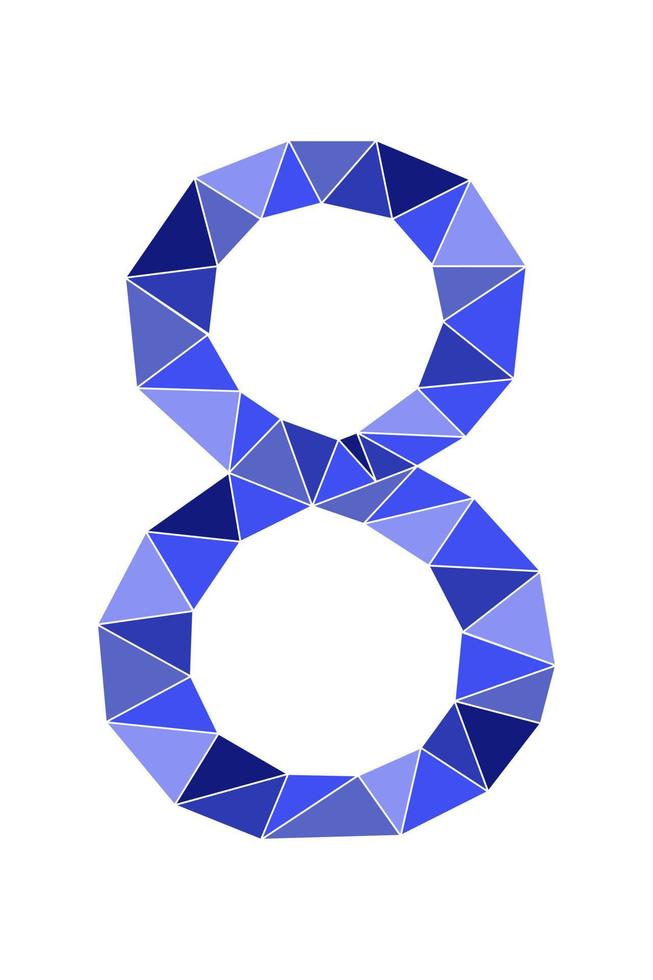 Blue number 8 polygon style isolated on white background. Learning numbers, serial number, price, place vector