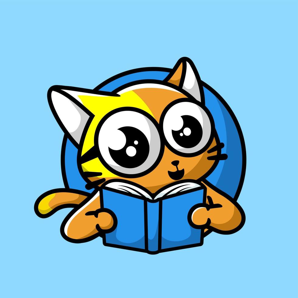 diseño de logotipo de mascota de dibujos animados de libro de lectura de gato lindo, estilo de diseño plano vector