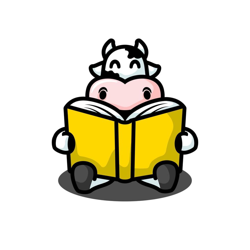 diseño de logotipo de mascota de dibujos animados de libro de lectura de vaca linda, estilo de diseño plano vector