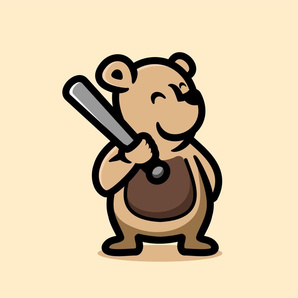 Bear holding baseball stick mascot cartoon, flat design style vector