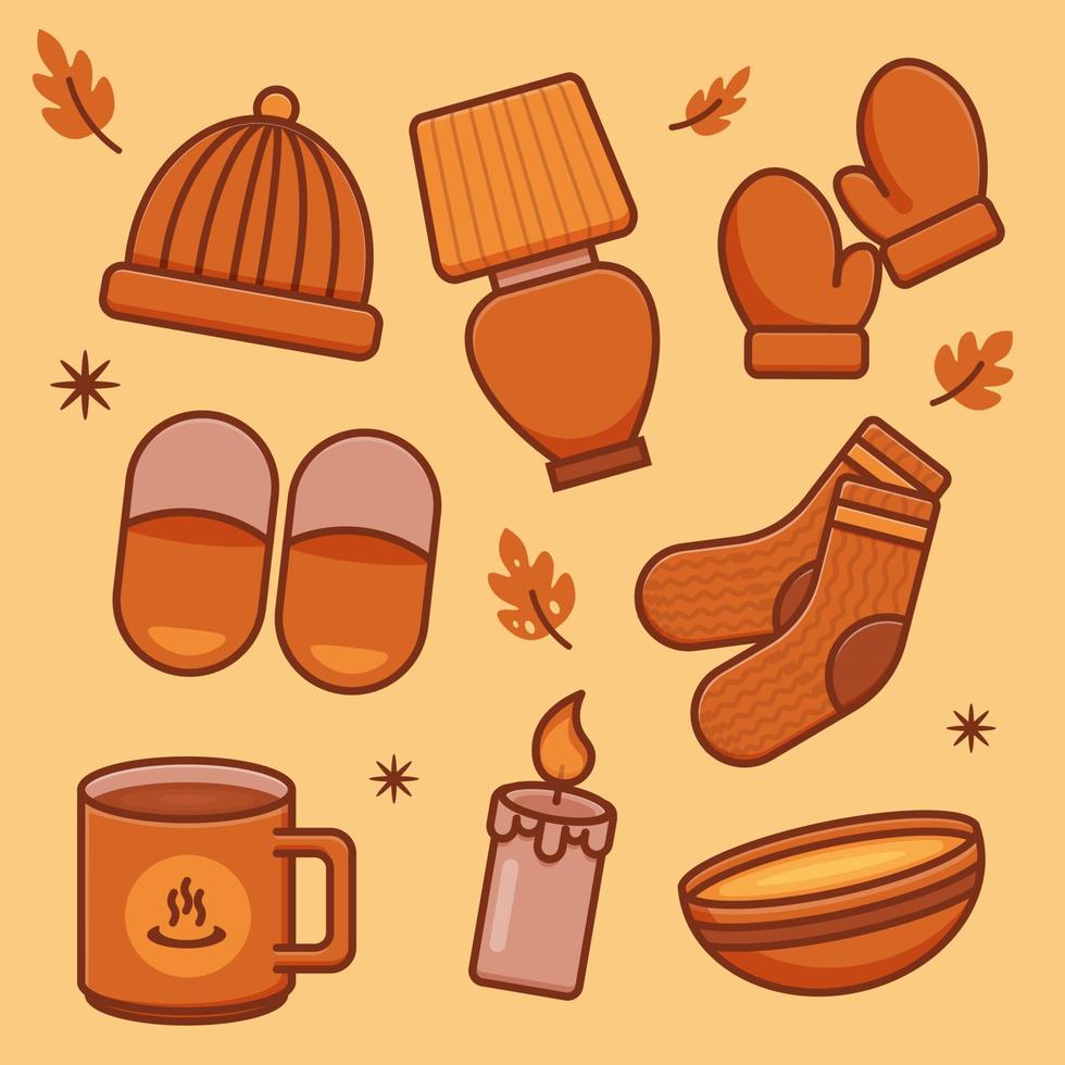 paquete de otoño, conjunto de otoño para pegatinas y otros propósitos de diseño. acogedoras ilustraciones de vectores de dibujos animados de estilo hygge minimalista