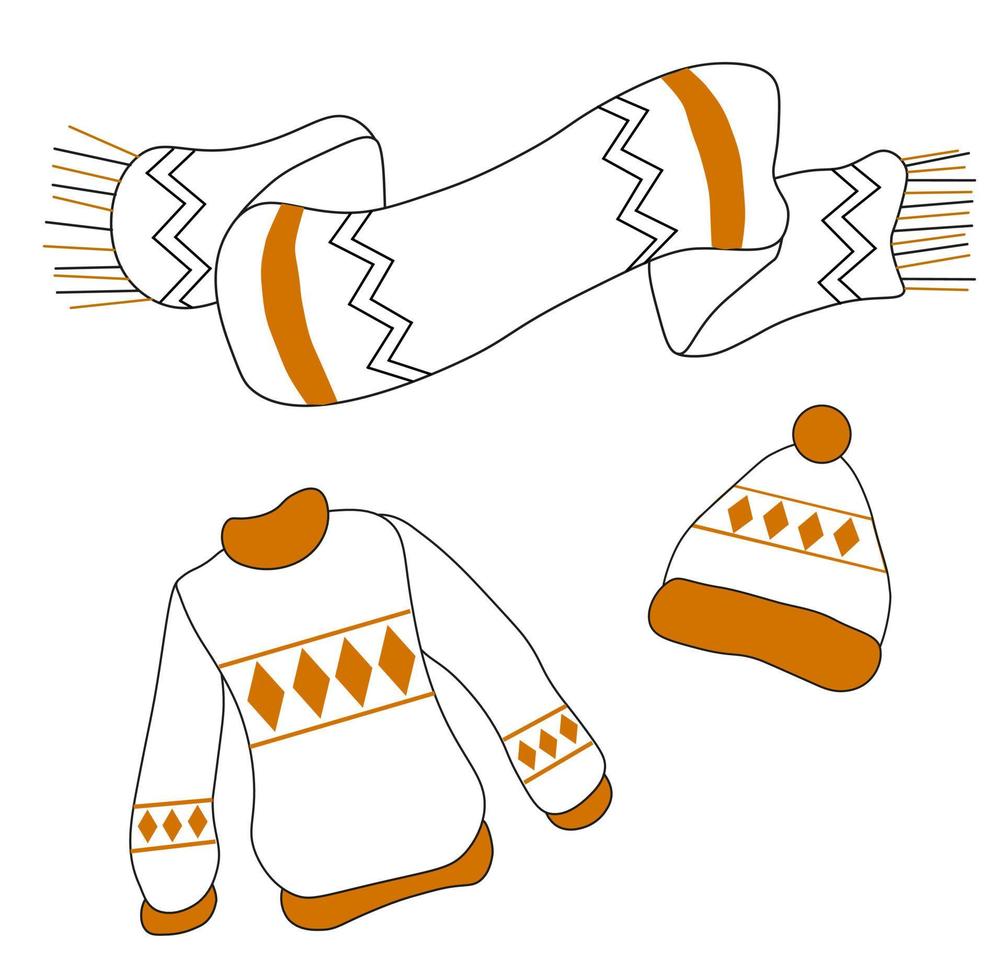 Autumn set illustration. Sweater, hat, scarf in yellow color. Cozy fall attributes. vector