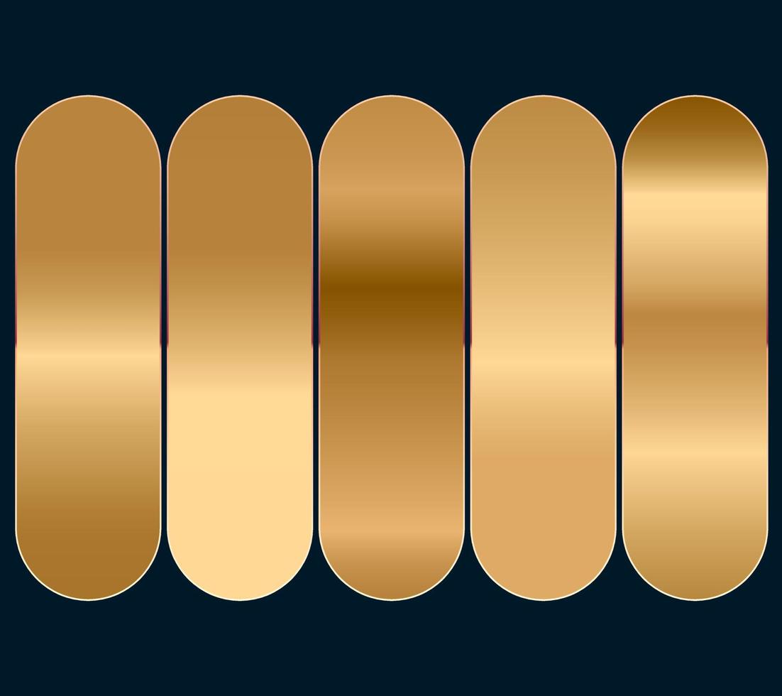 una colección de cinco degradados de color dorado, un conjunto de 5 muestras de colores de degradados dorados, utilizada en el diseño creativo de colores y tonos y plantillas de conjuntos de botones degradados vector