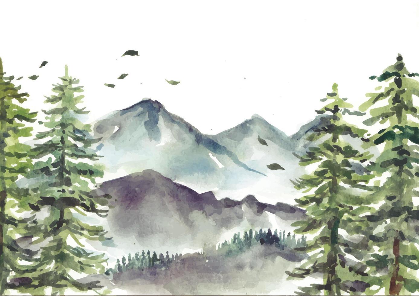 Mountain and pine trees watercolor vector