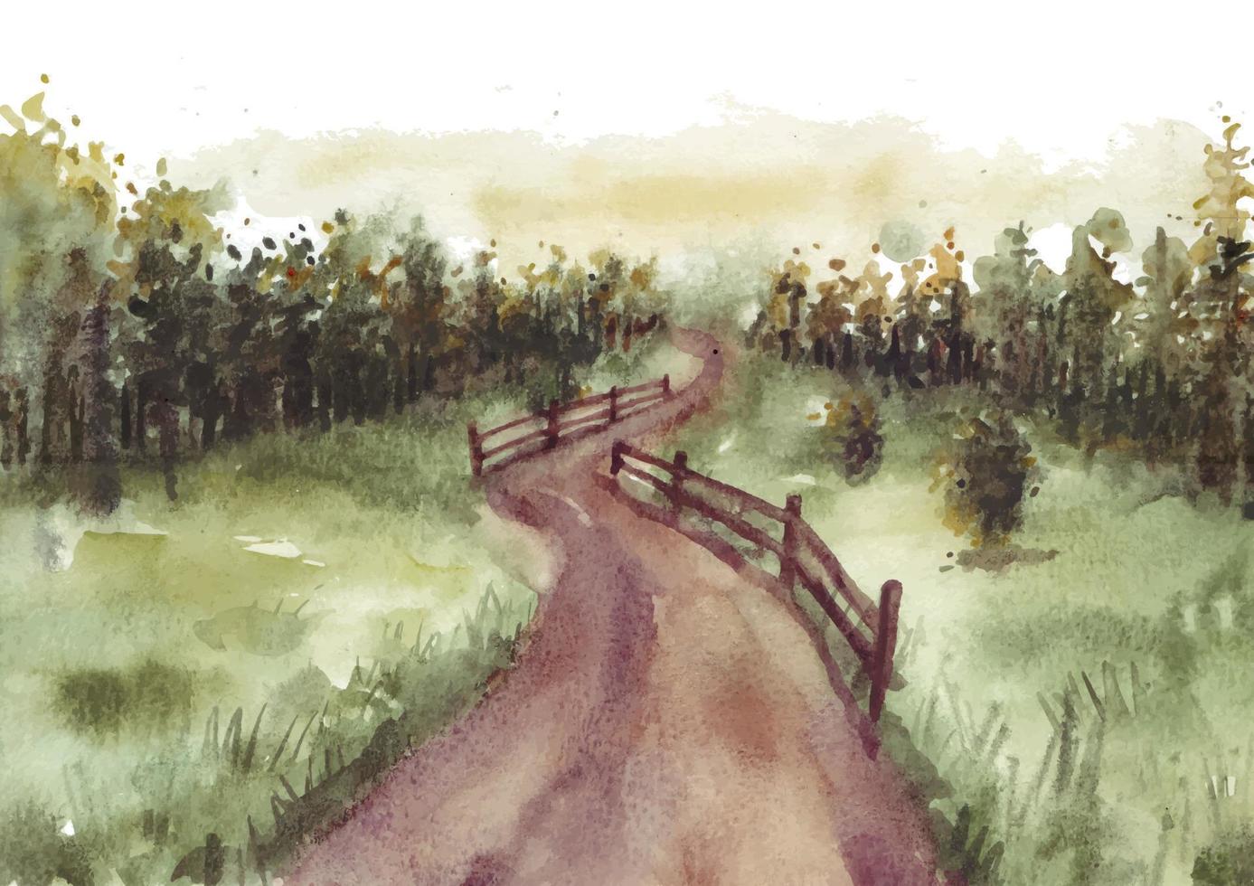 Nature landscape with road and fence watercolor vector