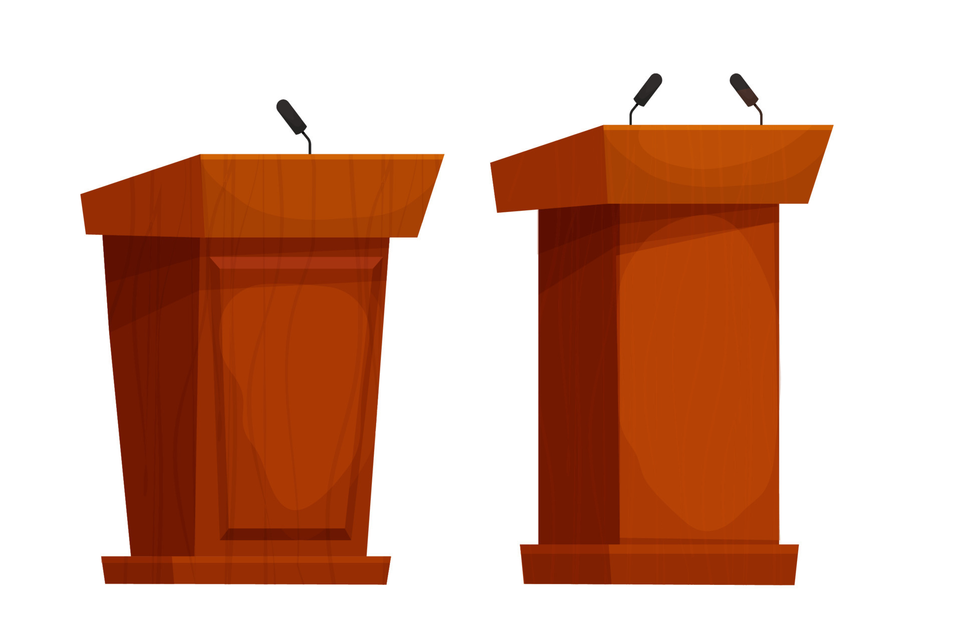 Wooden speech tribune, orator podium with microphone in cartoon style