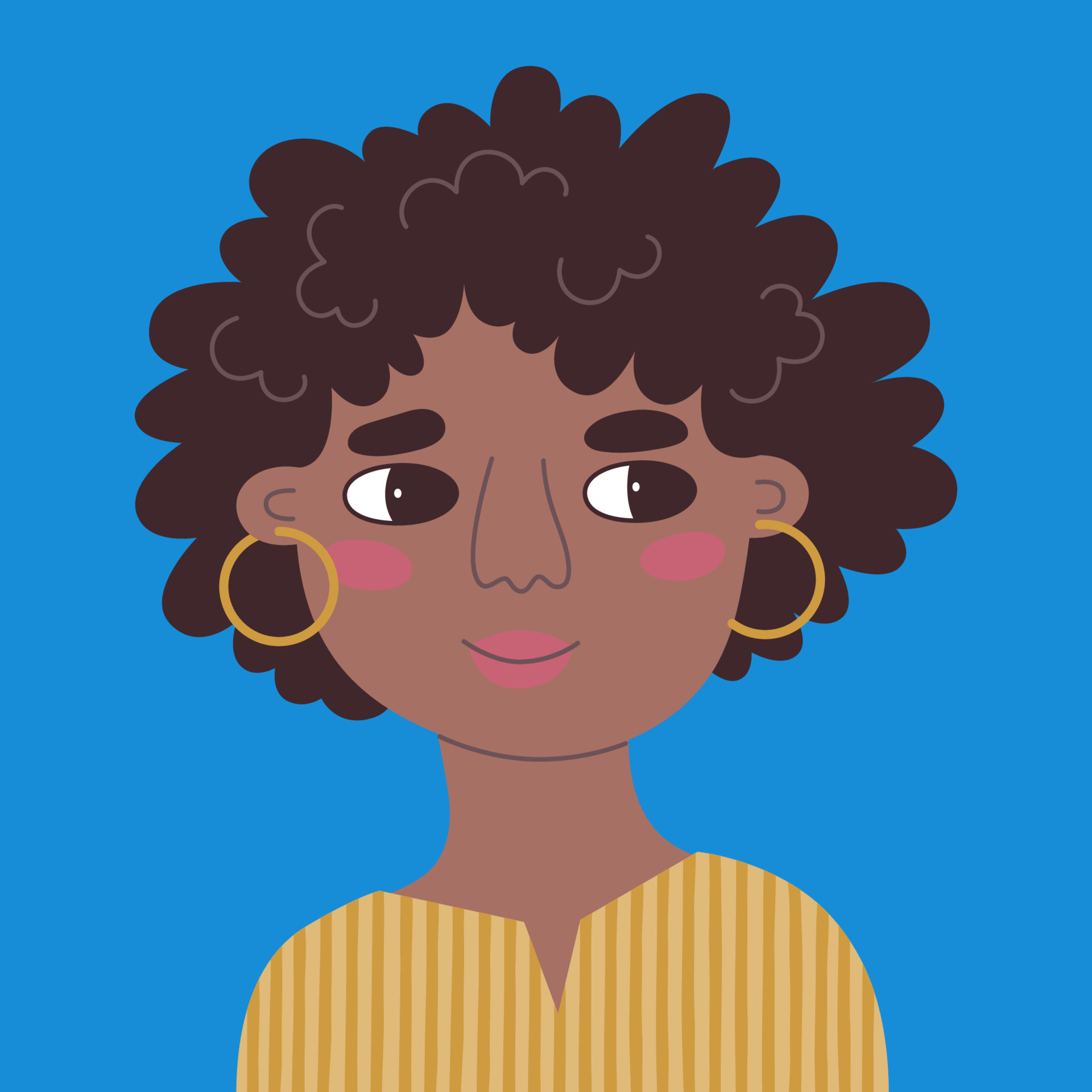 Portrait of a casual smiling black woman with afro. Vector flat illustration of a young girl with hoop earrings looking sideways. A lady in striped tunic. Hand drawn cartoon avatar for social Portrait of a casual smiling black woman with afro. Vector flat illustration of a young girl with hoop earrings looking sideways. A lady in striped tunic. Hand drawn cartoon avatar for social