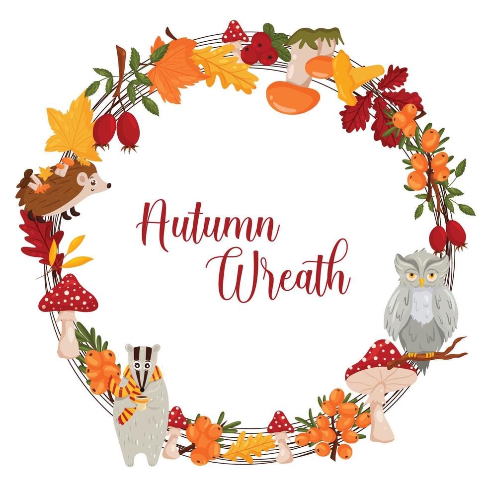 Autumn wreath with forest animals, mushrooms, berries and autumn leaves with space for text. Vector illustration isolated white background.