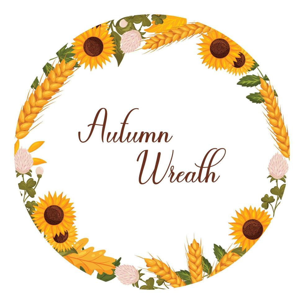 Autumn wreath with wheat, sunflowers, clover with space for text. Vector illustration isolated white background.