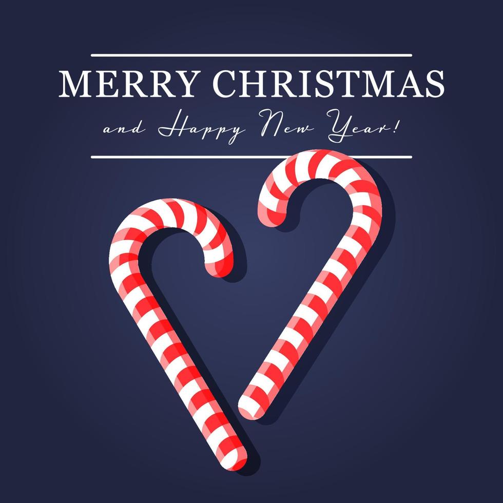 Candy cane heart. Christmas greeting card with dark blue, navy background. Happy new Year banner, poster. Vector illustration in flat style.