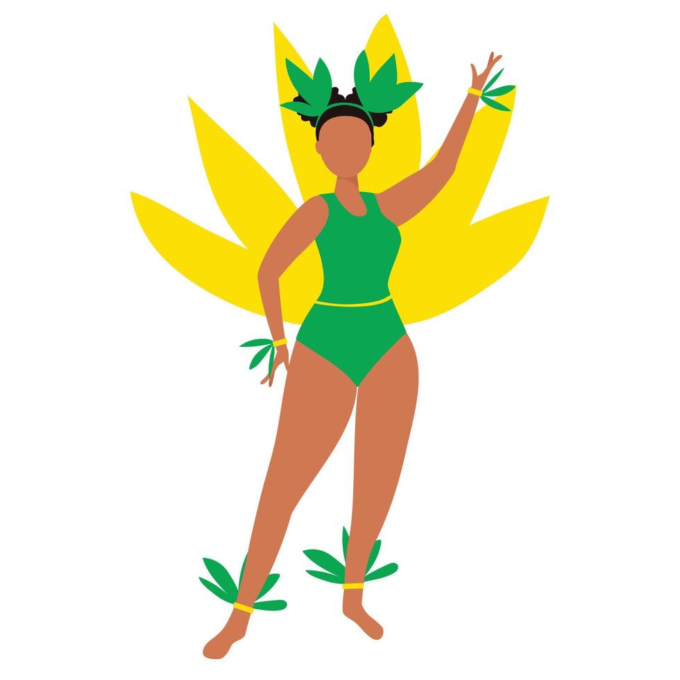 Latin America woman in carnival costume with green and yellow feathers isolated on white background. Brazil carnival. Vector illustration.