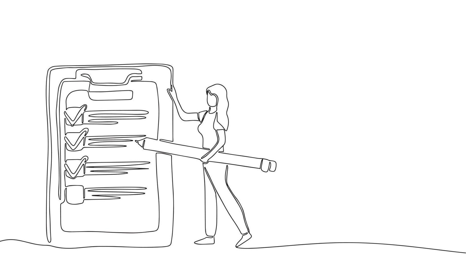 Hand draw line art human business illustration. Woman with big pencil before big to-do list. Vector illustration. Without color.