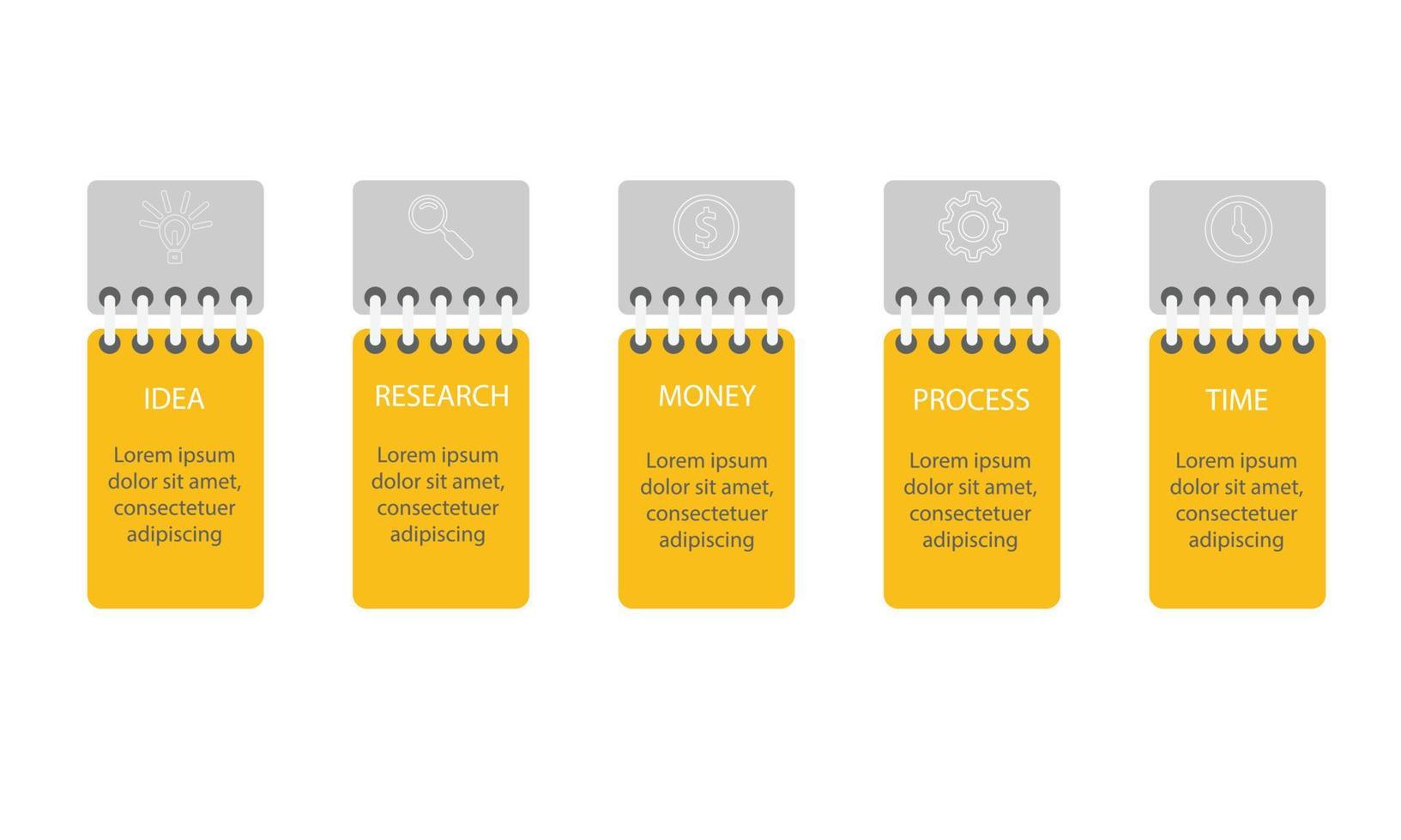 Business infographic with 5 items or steps with spiral notepad. Vector illustration.