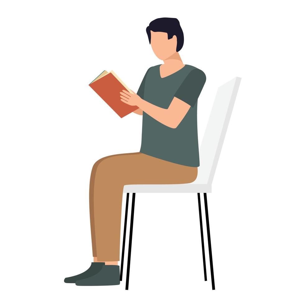 un hombre europeo está sentado en la silla y leyendo un libro. ilustración vectorial vector