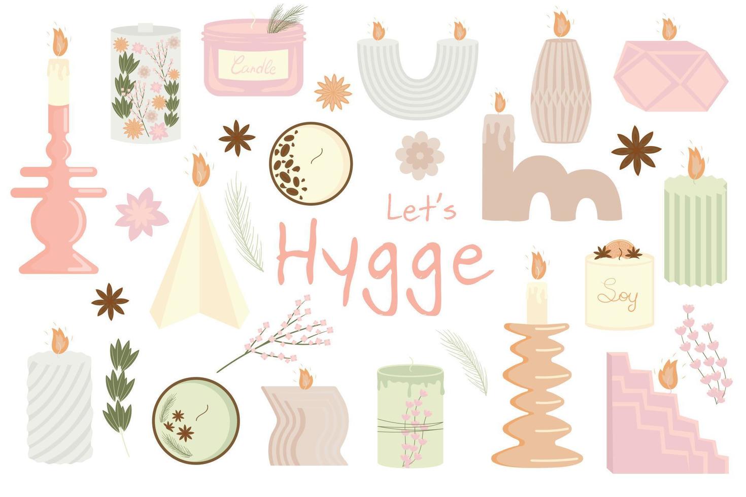 collection of handmade soy and coconut wax scented candles in candlesticks and jars of various shapes for home aromatherapy and cozy hygge template interior decor vector