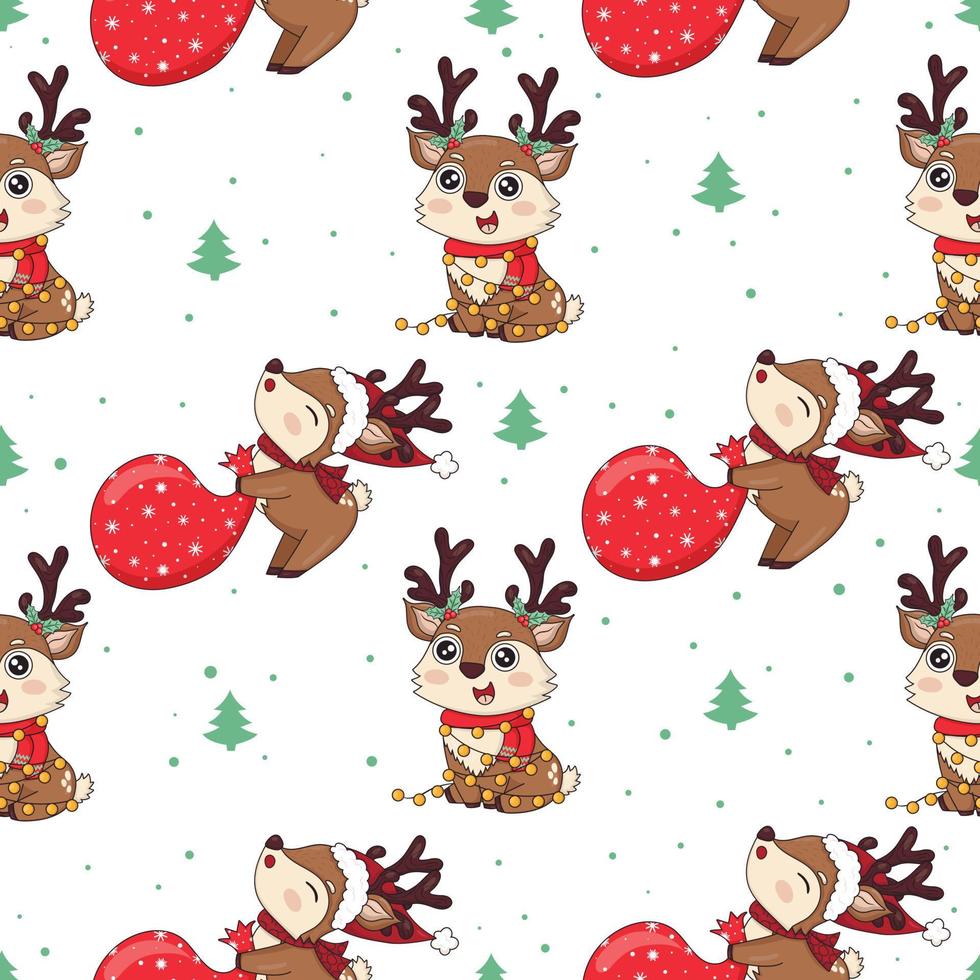 seamless pattern with cute cartoon christmas reindeer in knitted santa hat and gifts vector