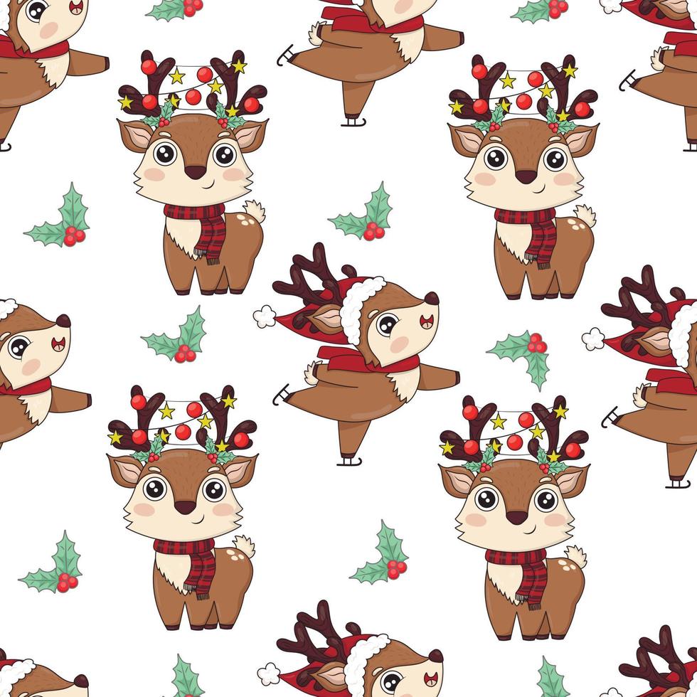 seamless pattern with cute cartoon christmas reindeer in knitted hats and scarves vector