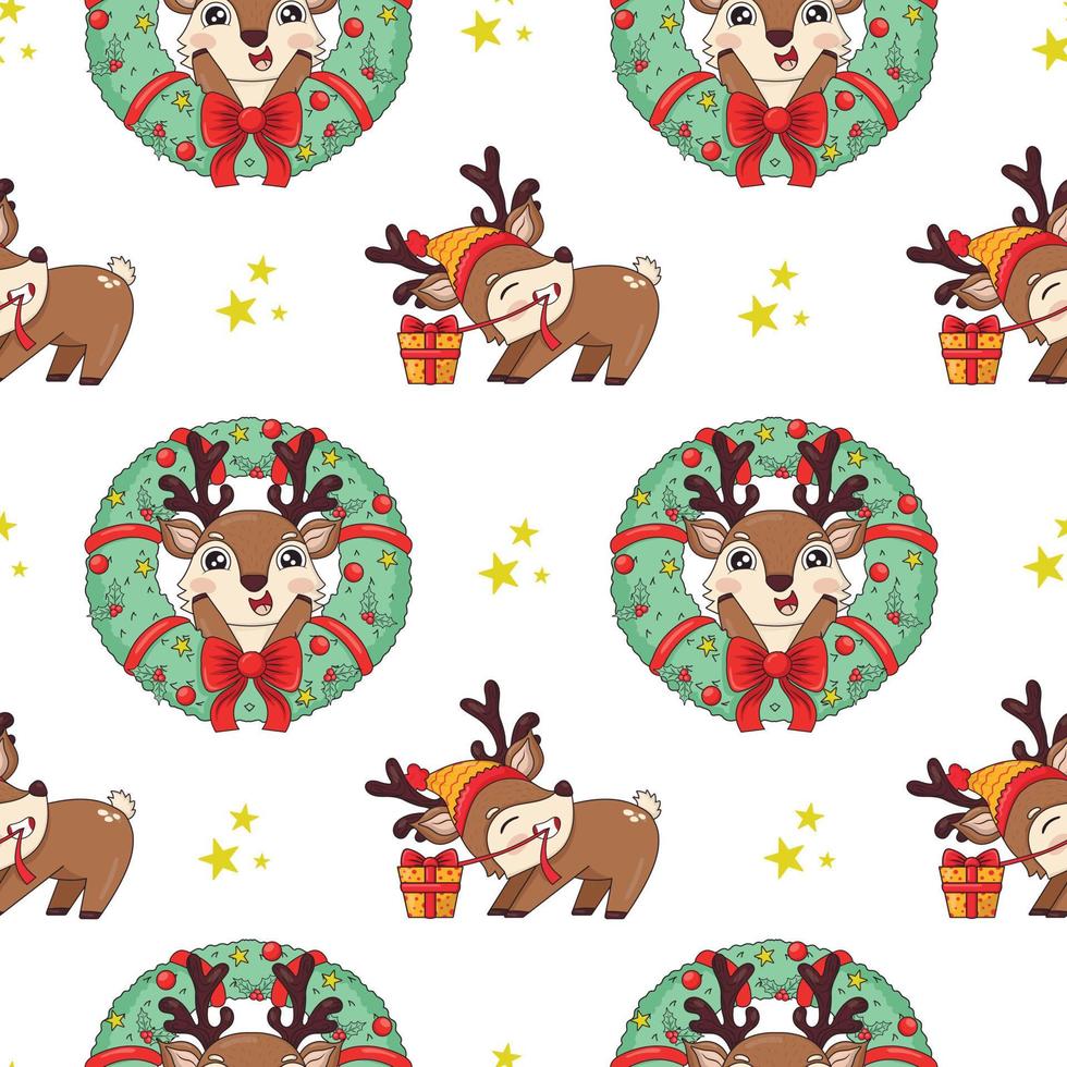 seamless pattern with cute cartoon christmas reindeer with gifts and wreath vector