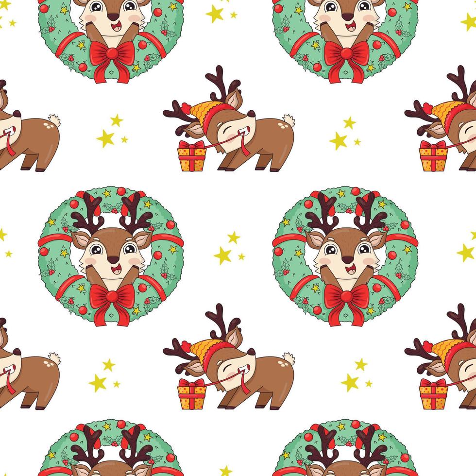 seamless pattern with cute cartoon christmas reindeer with gifts and wreath vector