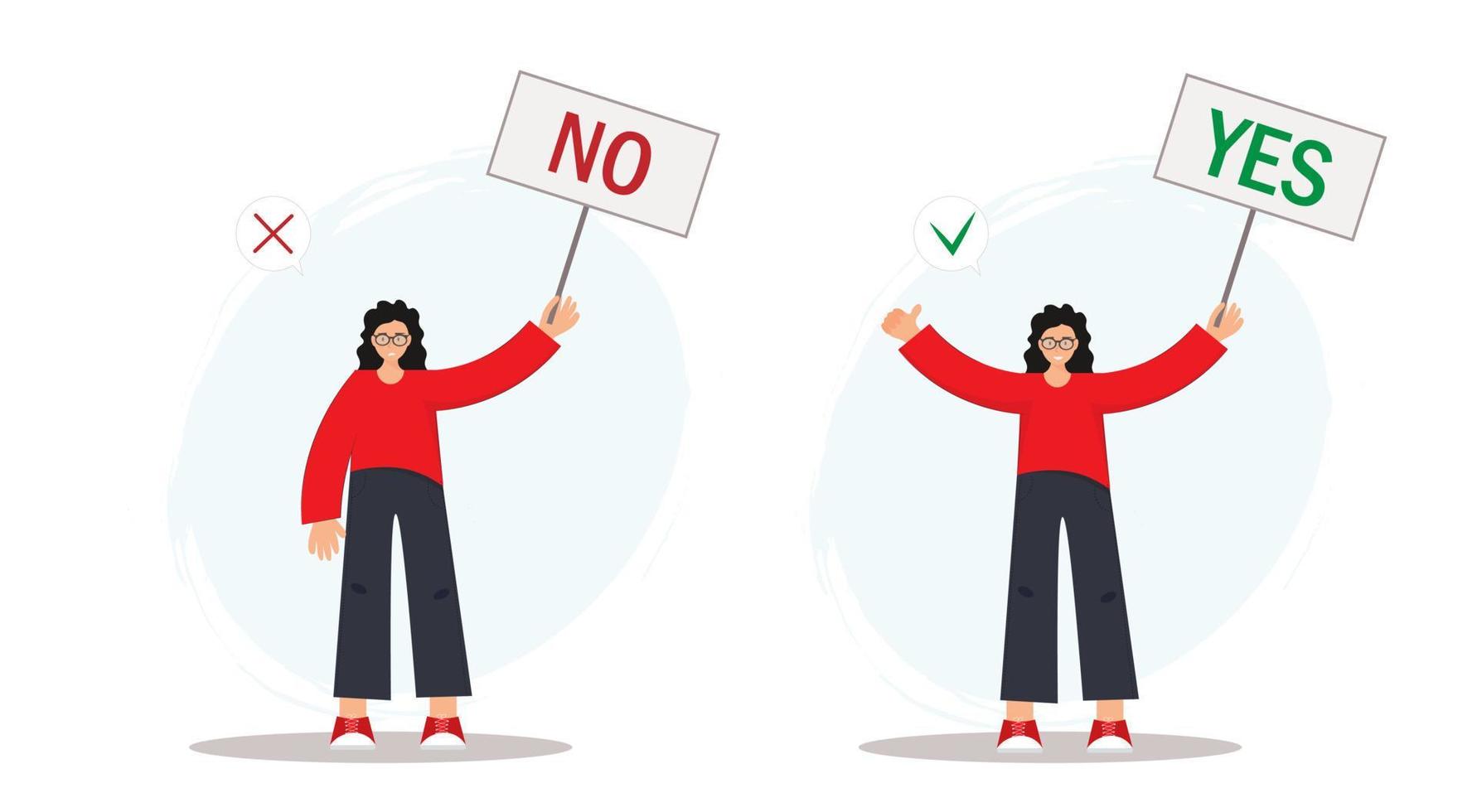 Young woman holding banner yes no, idea or choice, correct and incorrect dialog mark decent vector concept, flat vector illustration