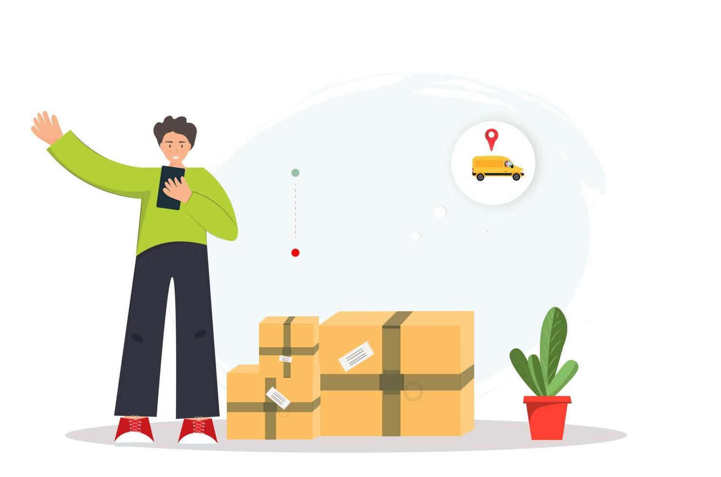 Young man ordering delivery service online via mobile app, online shopping concept, relocation concept, fast delivery service concept, flat vector illustration