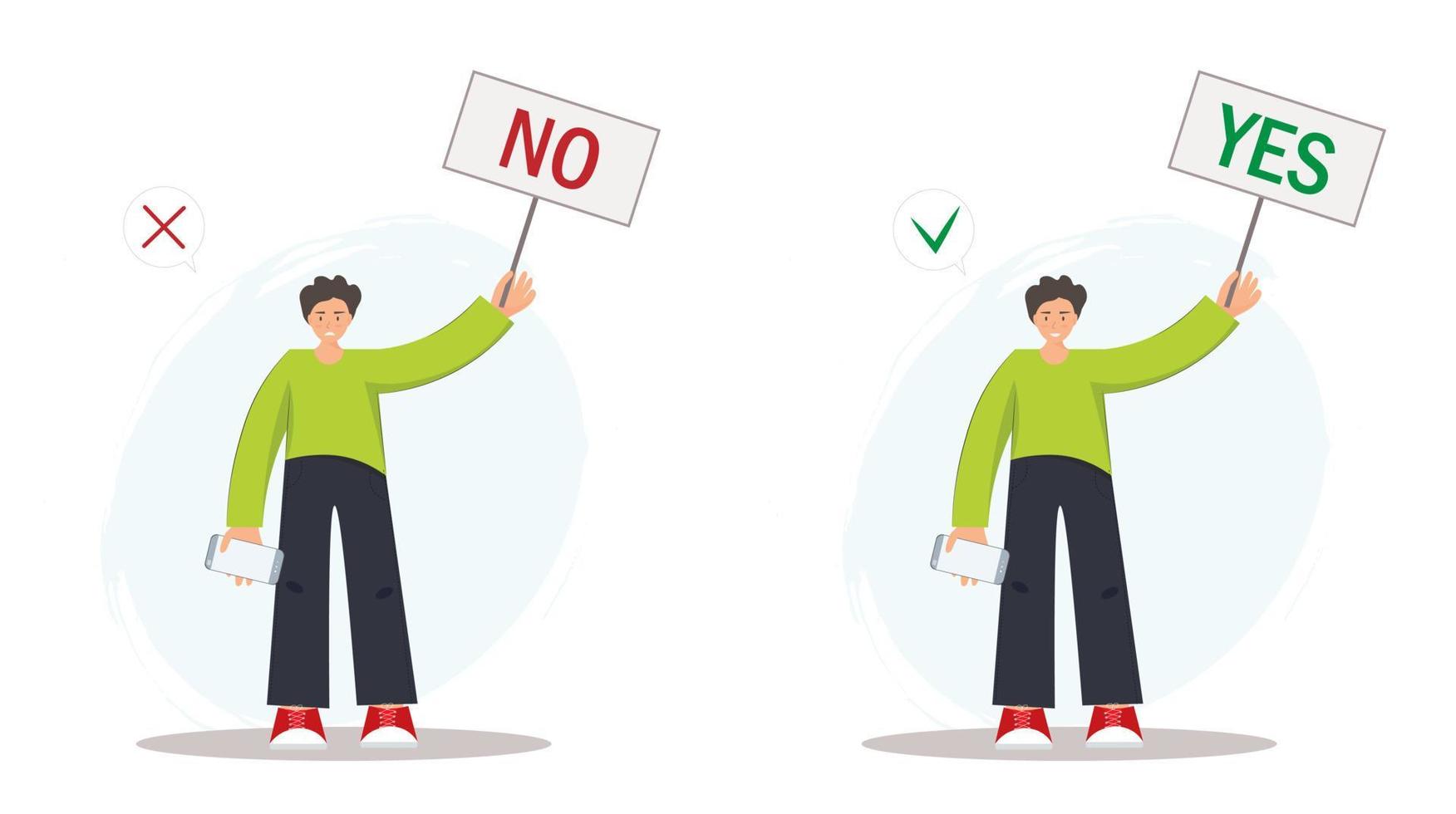 Man holding banner yes no, idea or choice, correct and incorrect dialog mark decent vector concept, flat vector illustration