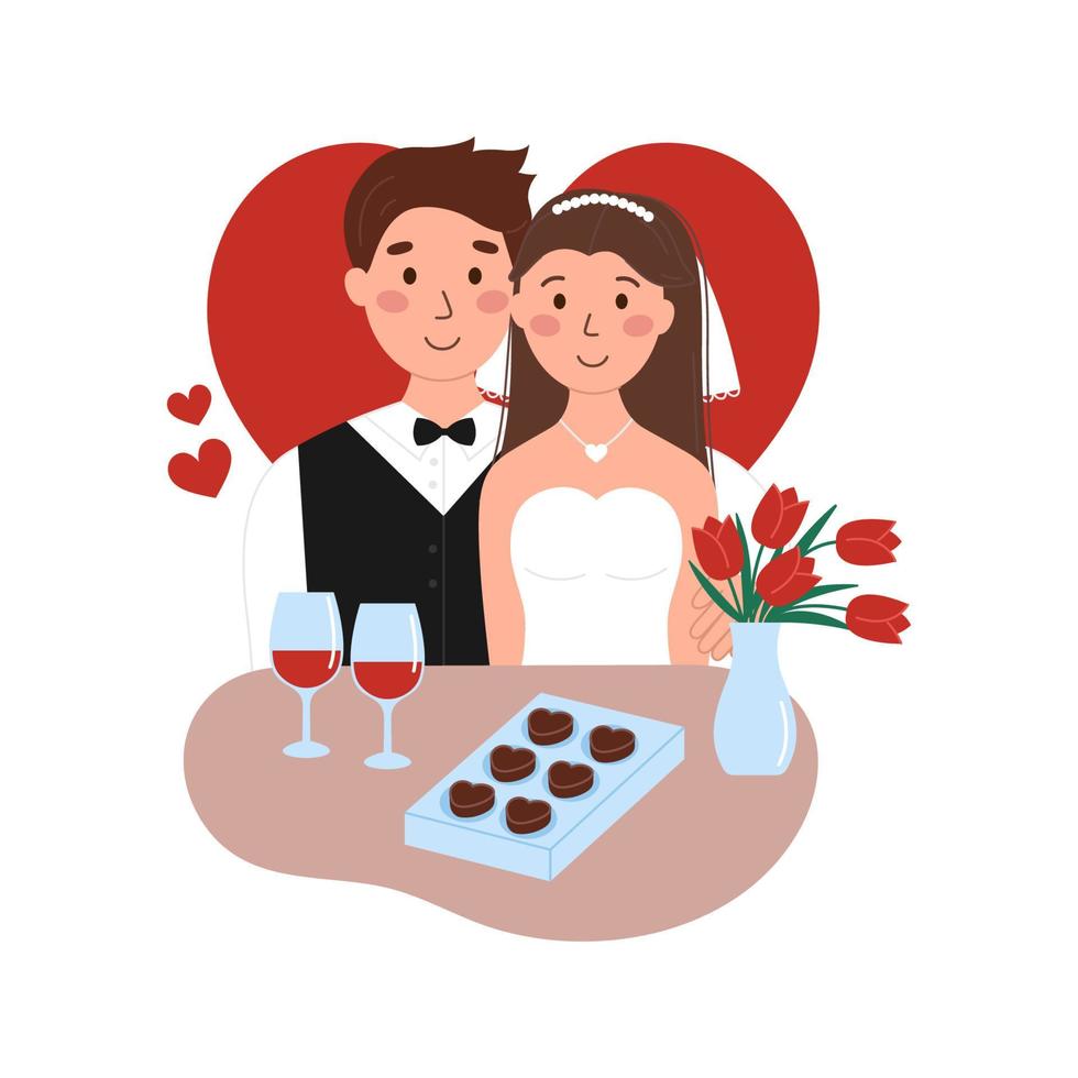 Bride and groom sitting at table with wine, candies and flowers. Wedding celebration vector flat illustration