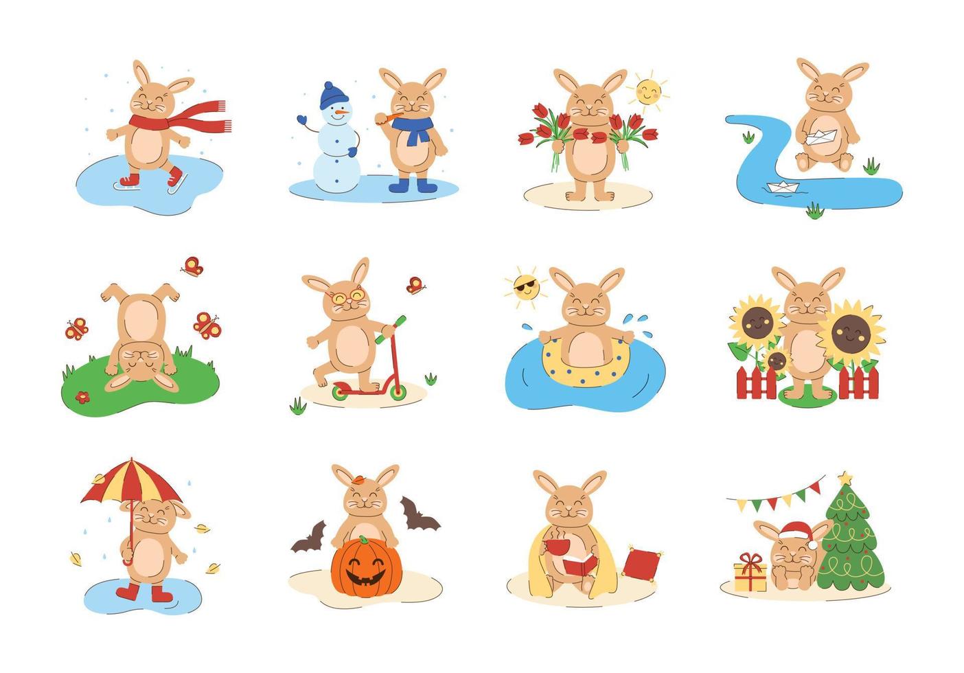 Set of happy rabbits in different seasons winter, spring, summer, autumn. Collection of cute cartoon bunnies. Vector flat illustration isolated on white background