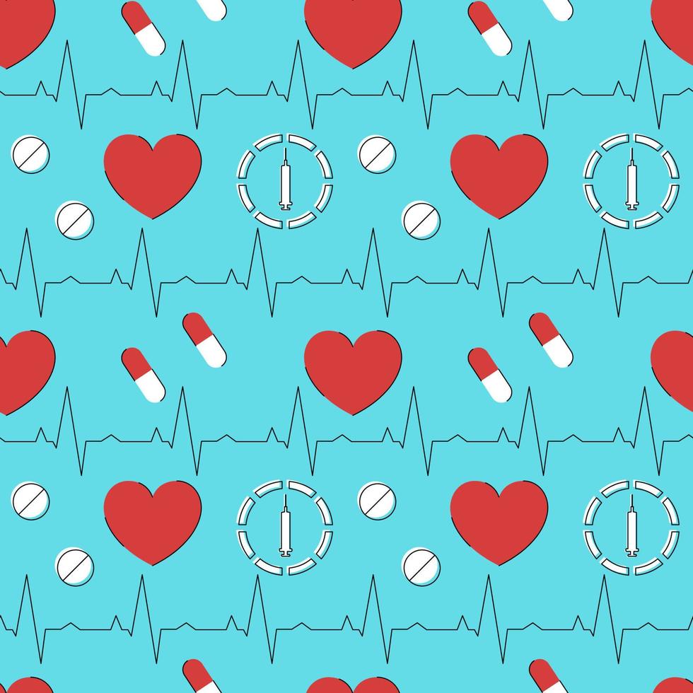 Medical seamless pattern, clinic vector illustration. Hearts, cardiogram, syringes, capsules and tablets