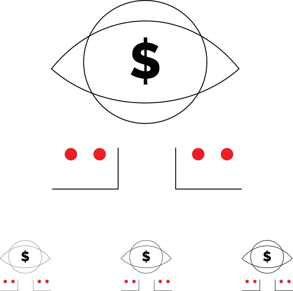 ojo dólar marketing digital negrita y delgada línea negra conjunto de iconos vector