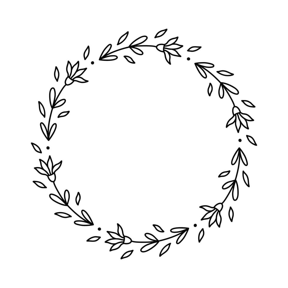 Floral wreath isolated on white background. Round frame with flowers. Vector hand-drawn illustration in doodle style. Perfect for cards, invitations, decorations, logo, various designs.