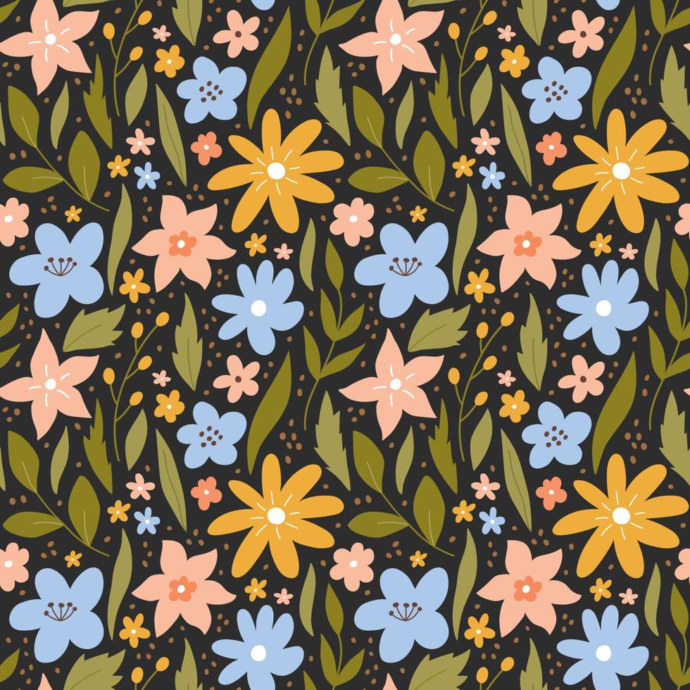 Botanical seamless pattern with meadow flowers and leaves on dark background. Vector illustration in hand-drawn flat style. Perfect for decorations, wallpaper, wrapping paper, fabric. Floral print.