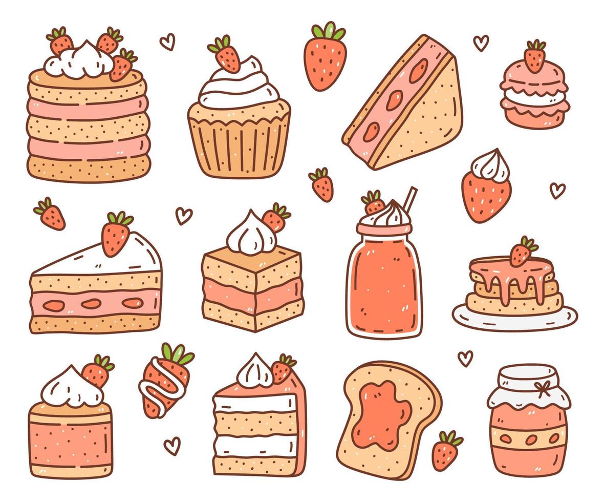 Cute set with strawberry desserts and drinks  isolated on white background. Vector hand-drawn illustration in doodle style. Perfect for cards, logo, decorations, menu, stickers, various designs.