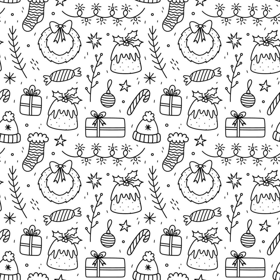 Cute xmas seamless pattern with gifts, festive garlands, baubles, wreaths, Christmas pudding, fir branches and stars. Vector hand-drawn doodle illustration. Perfect for wrapping paper,packaging, decor