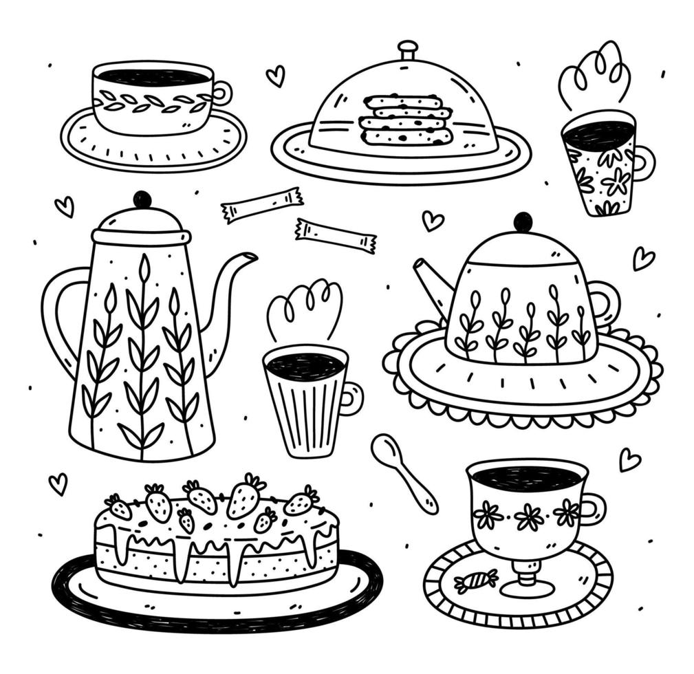 Cute set with tea cups, teapots and desserts isolated on white background. Vector hand-drawn illustration in doodle style. Perfect for cards, menu, logo, decorations. Tea time collection.