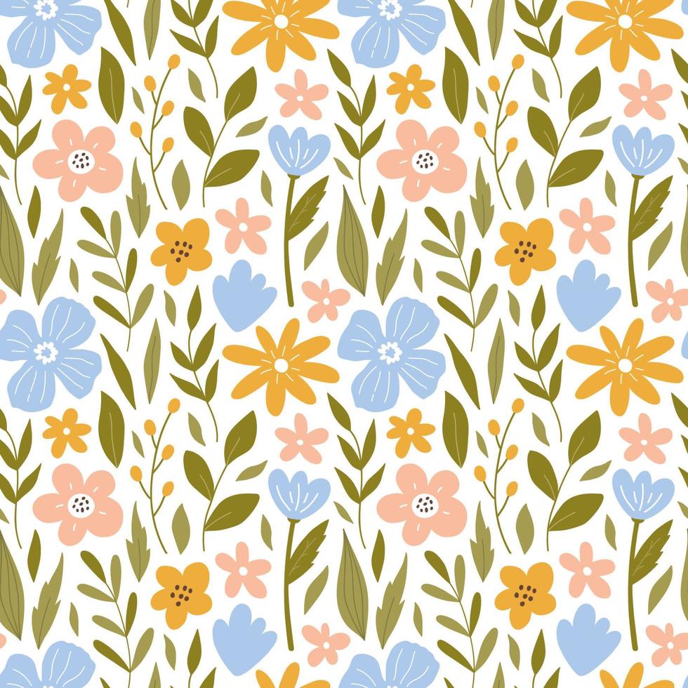 Botanical seamless pattern with meadow flowers, leaves and branches. Vector illustration in hand-drawn flat style. Perfect for decorations, wallpaper, wrapping paper, fabric. Floral background.