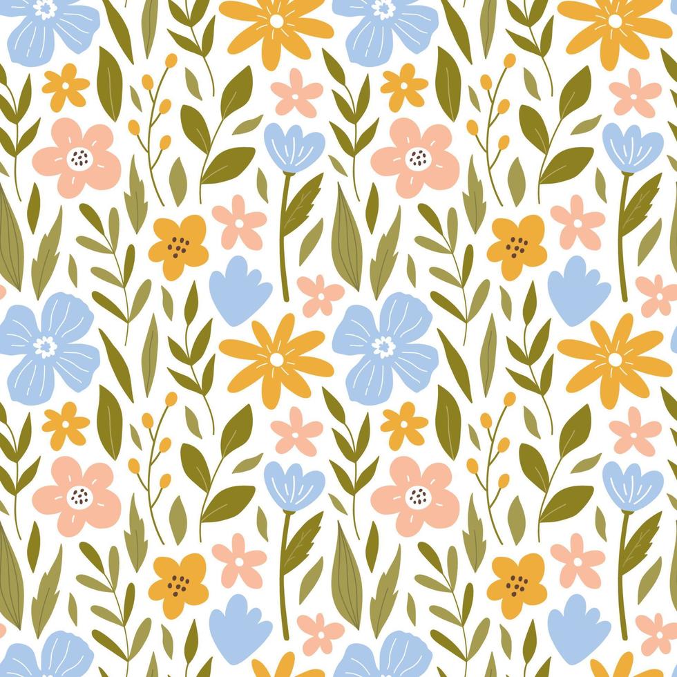 patrón botánico sin costuras con flores de pradera, hojas y ramas. ilustración vectorial en estilo plano dibujado a mano. perfecto para decoraciones, papel pintado, papel de envolver, tela. fondo floral. vector