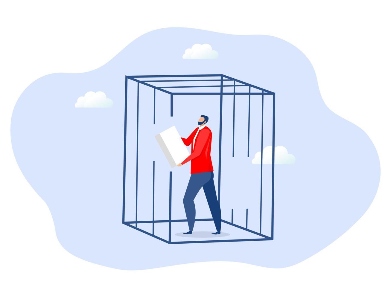 Businessman try use eraser in cage Businessman try use eraser area line to Exit from comfort zone him thinking,motivational success new life vector illustration, vector illustrator.