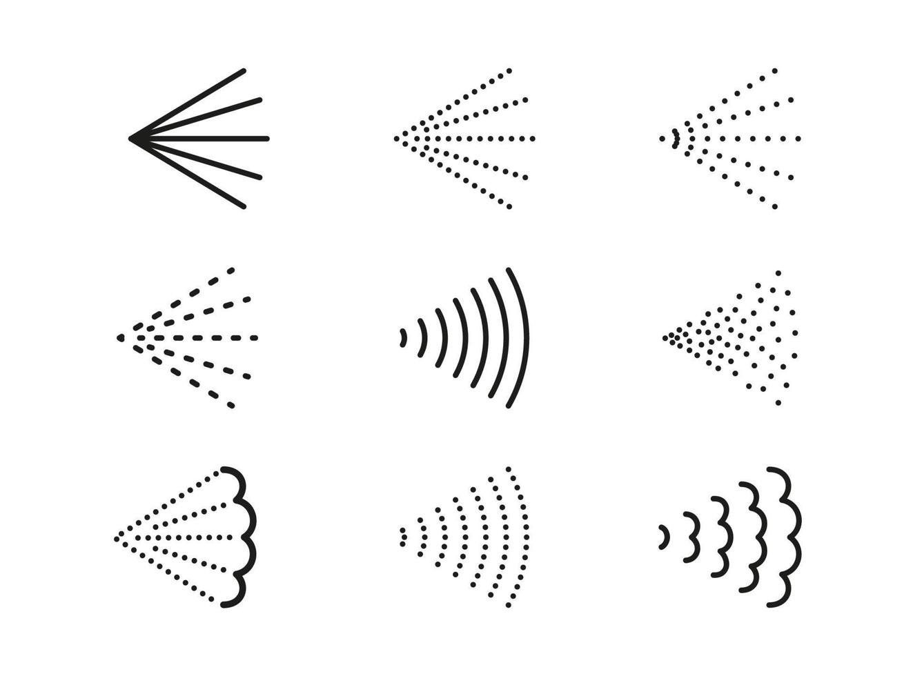 rocíe íconos de vapor para agua, perfume, pintura o desodorante. dispersión de gas o neblina de aerosol. símbolos de pulverización. la boquilla de vapor fluye. conjunto de ilustraciones vectoriales aisladas sobre fondo blanco vector