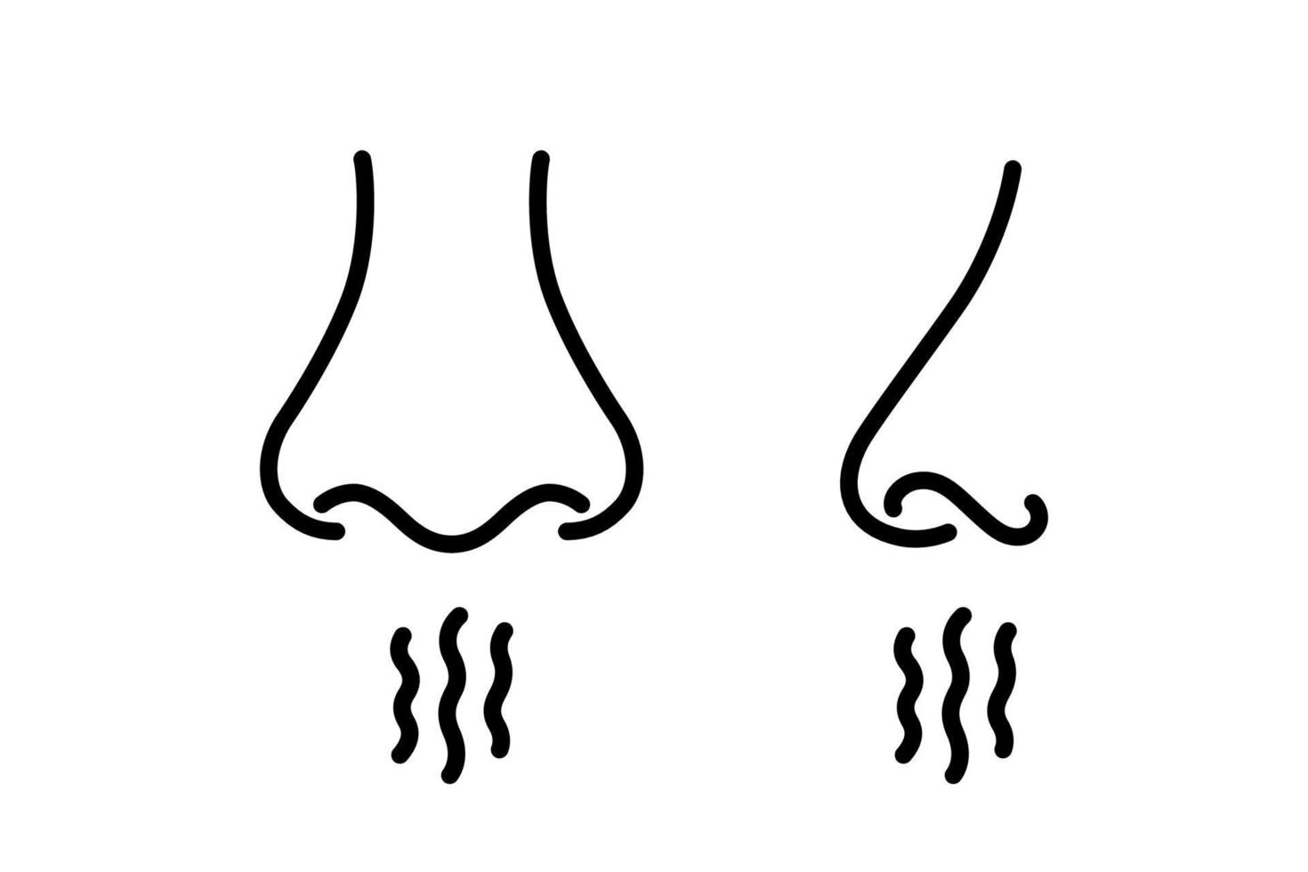 Nose and breath icon. Nasal breathing. Human organ of smell. Unpleasant smell. Nose inhales fragrance. Set of outline icons. Vector illustration in line style on white background. Editable stroke