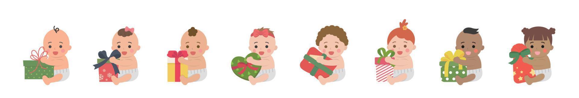 conjunto de bebés o niños pequeños felices y lindos con cajas de regalo, navidad o cumpleaños, dando regalos, estilo de dibujos animados vectoriales vector