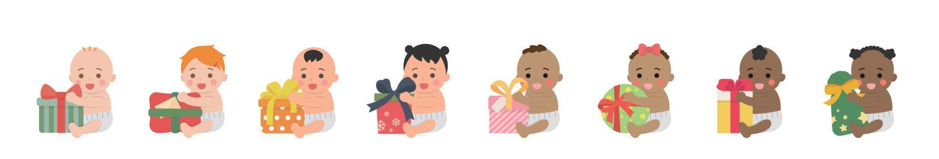 Set of happy cute babies or toddlers with gift boxes, christmas or birthday, giving gifts, vector cartoon style