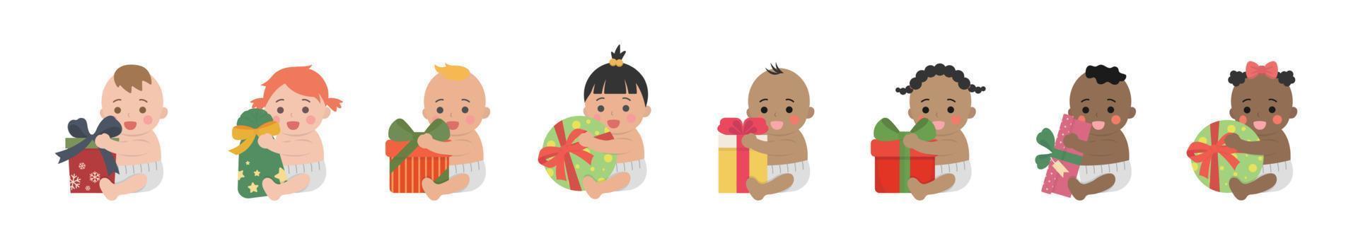 Set of happy cute babies or toddlers with gift boxes, christmas or birthday, giving gifts, vector cartoon style